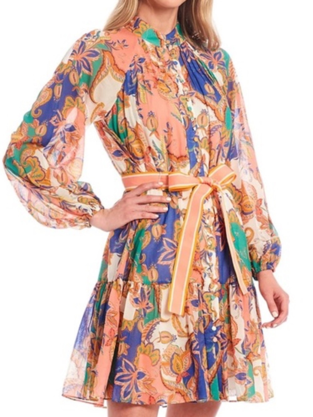 Antonio Melani Brynn Mock Neck Floral Multicolor Belted Chiffon Dress